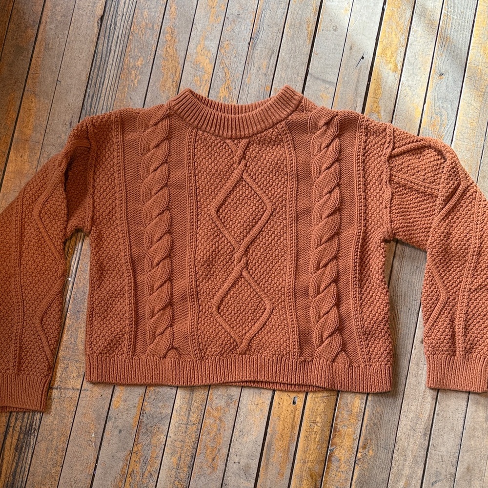 Quince Organic Cotton Fisherman crew Neck Knit Sweater caramel terracotta Brown